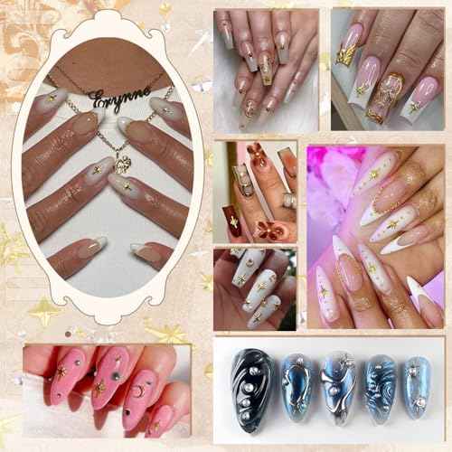 2640Pcs 3D Star Nail Charms, Gold & Silver Multi-Shapes Metallic Nail Art Gems and Small Round Caviar Beads, Craft Jewels Nail Rhinestones Accessories Manicure Decor with Tweezers and Pick-up Pencil