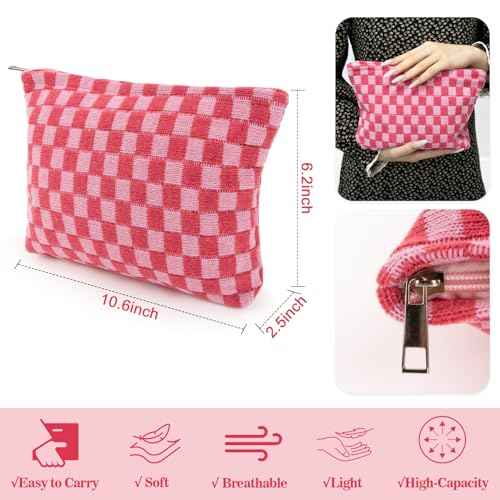 Checkered Makeup Bag - Large Cosmetic Bag for Women, Cute Cosmetic Pouch Travel Pouches for Toiletries, Makeup Brush, Purse, Large Capacity Storage Bag, Rose Red