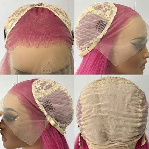 RONGDUOYI Hot Pink Wig Long Wavy Hair Wig Pink Curly Synthetic Lace Front Wig Water Wave Glueless Red Deep Wave Lace Front Wigs for Women Party Cosplay