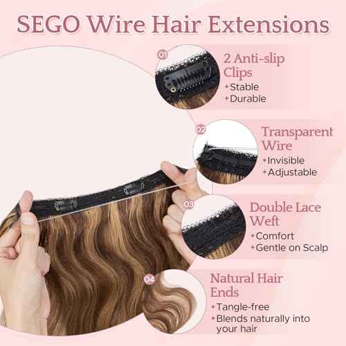 SEGO Halo Hair Extensions, Wavy Adjustable Invisible Wire Extensions, Real Human Hair, 2 Clips for Women Transparent Fish Line Extensions, Add Length Volume, 12 inches, Medium Brown Mixed Dark Blonde