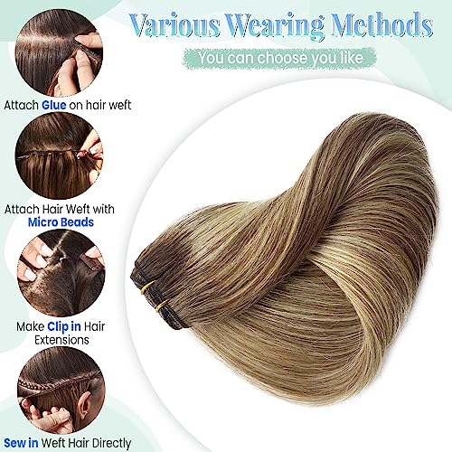 Sew in Hair Extensions Real Human Hair, 16 Inch 100G Weft Bundles Ombre Brown and Blonde Balayage Highlights Weave for Women