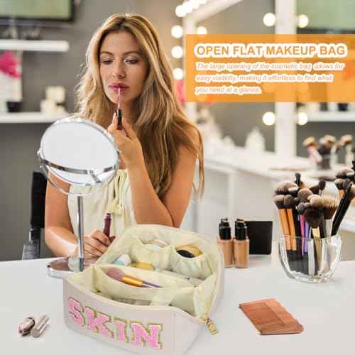 Large Capacity Skincare Bag, Chenille Letter Preppy Makeup Bag, PU Leather Large Capacity Travel Cosmetic Bag with Divider and Handle, Gift for Women