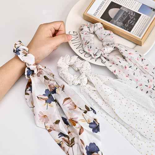 4-Piece Satin Hair Scarf Scrunchies for Women Girls, No Damage Cute Hair Ties with Bow Ribbons Ponytail Holders Elastic Rubber Bands (White Flower)