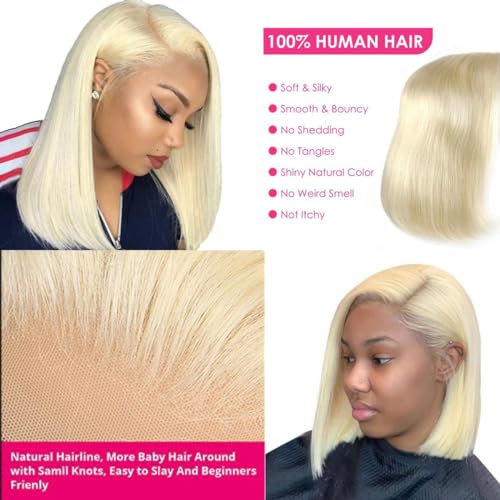 Straight 613 Bob Wig Human Hair 180% Density 13x4 HD Transparent Lace Front Wig Blonde Bob Wig Human hair Pre Plucked Glueless Wigs with Baby Hair 10 Inch Short Lace Frontal Bob Wigs for Women