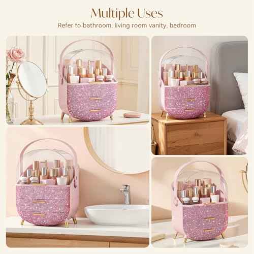 Bling Makeup Organizers for Teen Girl Gifts, Cosmetic Display Case with Clear Cover, Vanity Makeup Organizers for Lipstick Perfume Lotion and Skincare, Pink Diamond