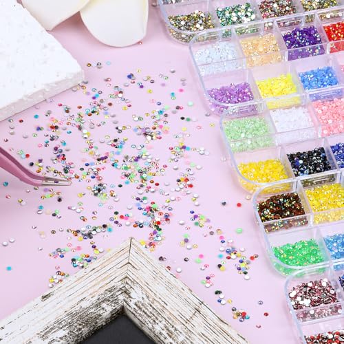 5 Boxes 2mm Flatback Nail Rhinestones Kit 13200 Pcs Colorful AB Round Transparent White Rainbow Crystal AB Gems Half Pearls with Pick Up Pen and Picker Tweezers for Craft Art and Face Makeup(2mm)