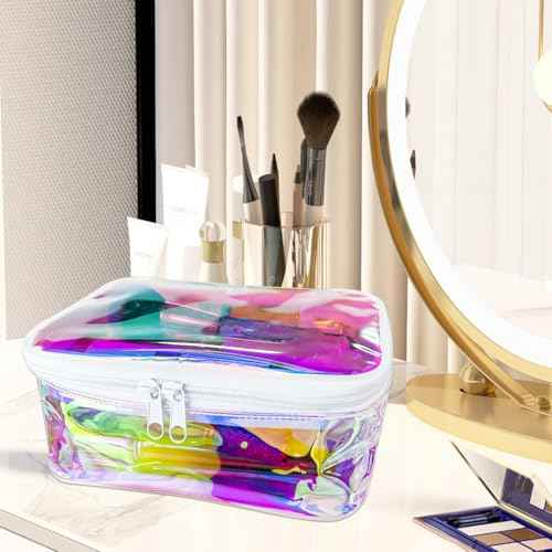 TPU Holographic Clear Makeup Bags Bulk,Clear Storage Bag Toiletry Pocket Portable Zippered Iridescent Pouch Waterproof Cosmetic travel Bags with white zipppe for Women