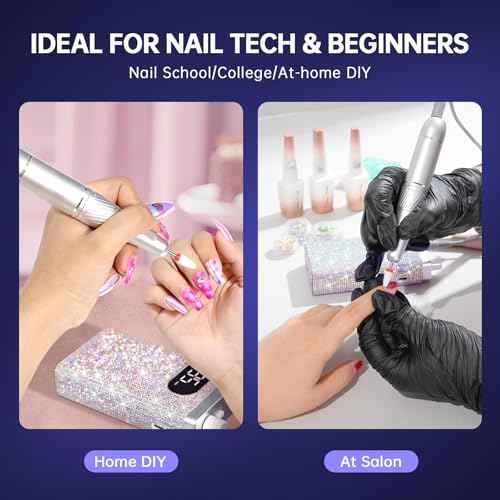 Rechargeable 35000RPM Nail Drill Sparkling Portable Professional Electric Nail File with 12 Drill Bit for Acrylic/Gel Nails Professional Nail Tools for Manicure Pedicure, Glitter