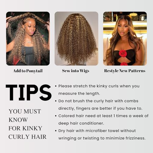 Honey Blonde Highlight Tight Kinky Curly Human Hair Single Bundles, 12A Brazilian Curly Weave Bundles Human Hair 100% Virgin Remy Bundle Ombre #P4/27 Colored Kinky Curly Thick Tracks Sew in 16In