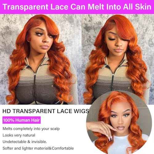 Ginger Lace Front Wigs Human Hair 13X6 Orange Ginger Body Wave HD Lace Frontal Wigs for Women Glueless Auburn 350 Color Pre Plucked Natural Hairline 180% Density Super Soft 22 Inch