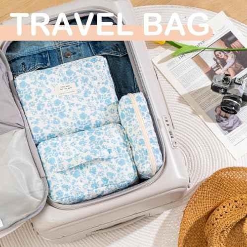 Makeup Bag for Women 3PCS Quilted Cotton Make Up Bag Travel Cosmetic Bag Large Makeup Bag Set Cute Bag Organizer Floral Toiletry Pouch for Purse, Azure Blue