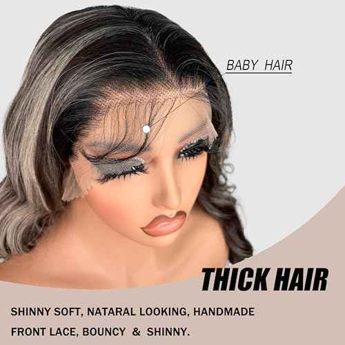 ZadaBelly Highlight 30 inch Body Wave 13x4 Lace Front Wig Brown Base with Black Wavy Hair Pre Plucked Hairline with Baby Hair, Transparent glueless Lace Synthetic Wig for Women Heat Resistant