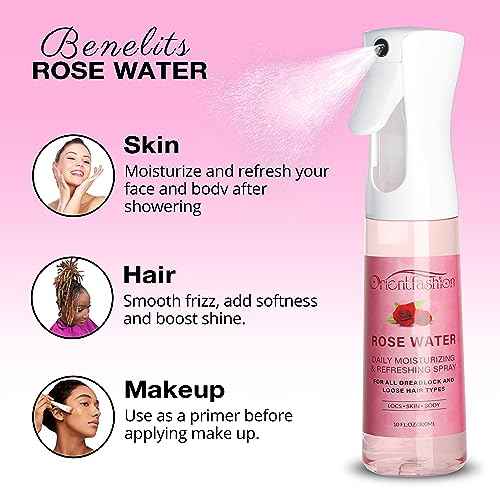 Orientfashion Moisturizing Refreshing Spray for Locs- Rose Water Hair Scalp Moisturizer, Castor Oil- Natural Loc Care and Maintenance (Rose, 10 Fl oz)