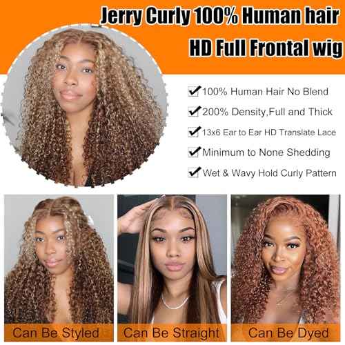 30 Inch Honey Blonde Curly Wig Human Hair Jerry Curly 200 Density 13x6 HD Lace Front Wigs Human Hair Pre Plucked Highlight Ombre HD Lace Frontal Wig 4/27 Curly Wigs For Black Women Wet And Wavy Wig