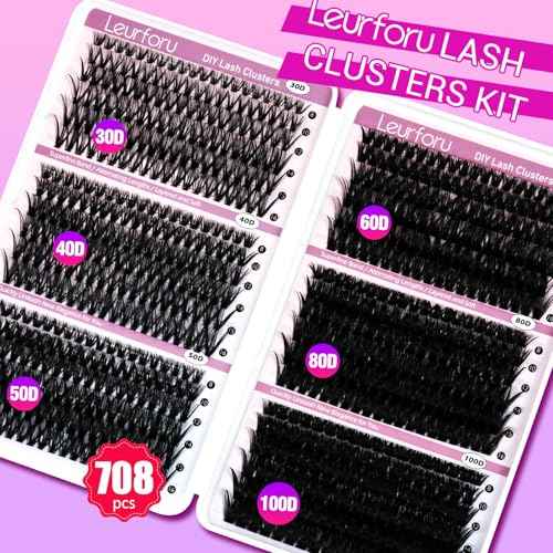 Lash Clusters Kit Wispy Lash Clusters 30D-100D 708pcs Individual Lashes Clusters Kit 8-16mm Self Adhesive Eyelashes Kit Thin Band Soft Cluster Lashes Lash Bond and Seal Tweezers & Brush