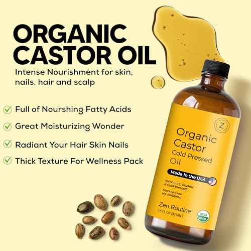 Zen Routine Organic Castor Oil (16oz Glass Bottle) Hexane Free ? Hair Growth Oil, Eye Lashes & Stomach, 100% Cold Pressed Unrefined Pure for Castor Pack Wrap ? USDA Certified, Made in the USA