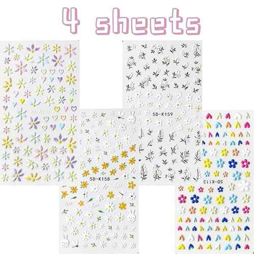 Flower Nail Art Stickers - 5D Embossed, Spring/Summer Daisy Designs, Self-Adhesive Decals for Women's Nail DIY Decoration