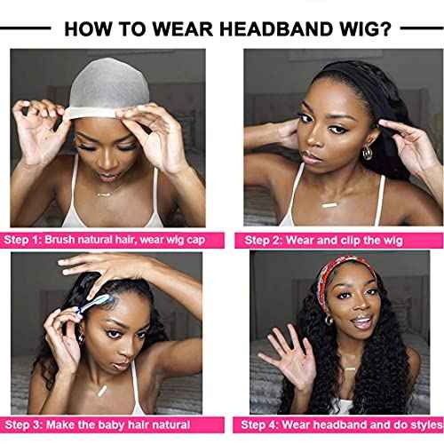 Deep Wave Headband Wig Human Hair 18 Inches Glueless None Lace Front Wigs Machine Made 150% Density Half Wigs Natural Color Human Hair wigs for Women