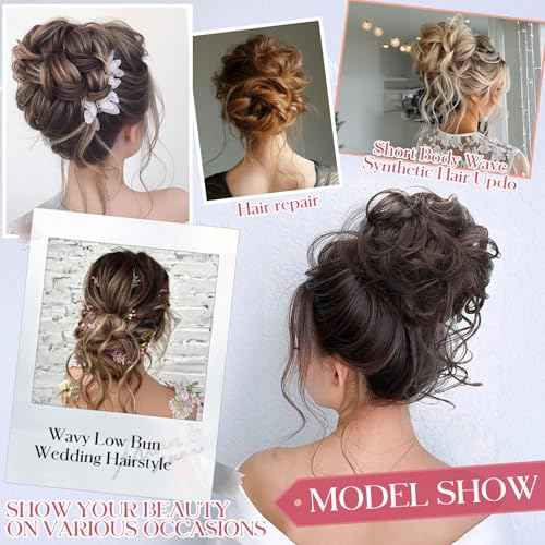 2PCS Messy Bun Hair Piece Tousled Updo with Tendrils Wavy Curly Hair Bun Scrunchies Ponytail Extension Elastic Band Hairpieces For Women (Medium Brown)