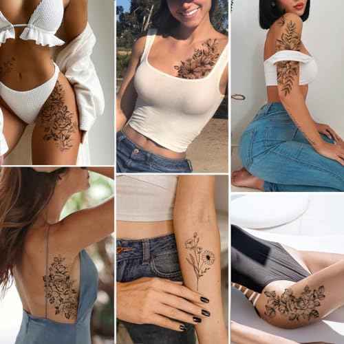 CHARLNET 23 Sheets Flower Temporary Tattoos For Women - Waterproof Realistic Rose Orchid Tattoos Tiny Branch Sketch Fake Tattoos for Women Body Art Arm Neck Hands