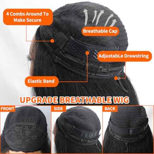 Kinky Straight Half Wig Human Hair 250 Density Yaki Straight Half Wig Headband Wig Human Hair Glueless Wigs Wear And Go Drawstring Seamless Flip Beginner Friendly Wigs for Black Women 20 Inch