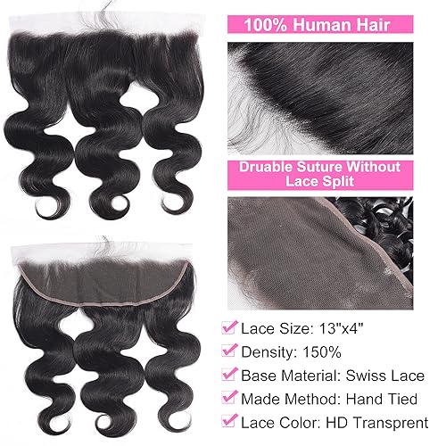 RESACA 24 Inch Body Wave HD Lace Frontal Human Hair 13x4 Transparent Swiss Lace Front 150 Density Ear To Ear for Women 100% Unprocessed Brazilian Virgin Human Hair (Nature Black Color)