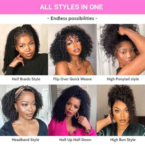 SKYDO Half Wig Human Hair 250 Density Kinky Curly Half Wigs 3 in 1 Seamless Flip Over Glueless Wigs Human Hair with Drawstring Beginner Friendly Curly Headband Wig for Women 24inch