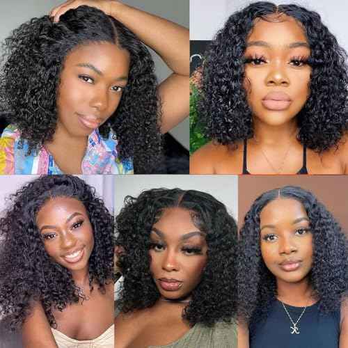 Deep Wave Bob Wig Human Hair 13x4 Hd Lace Front Wigs Human Hair Wear and Go Glueless Wigs Human Hair Pre Plucked Pre Cut Short Curly Bob Wigs For Women 180% Density 14 inch