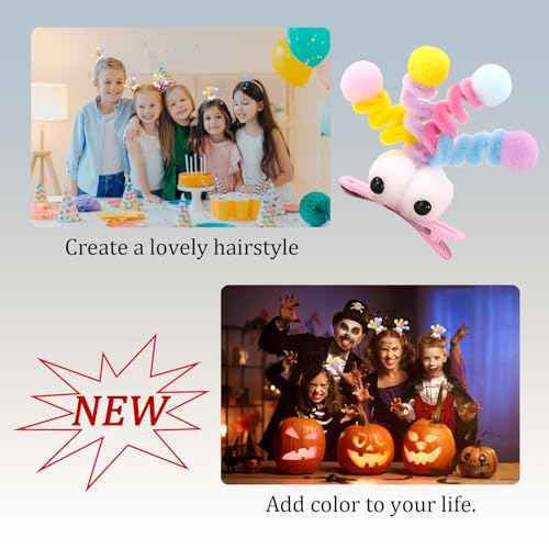 MIUPOO Fluffy Pom Poms Hair Clips,Crazy Hair Day Accessories for Girls,Quirky Little Monster Barrettes,Plush Duckbill Hairpins Hair Barrettes,Party Modeling Hair Accessories,2 Pieces,Pink eyes