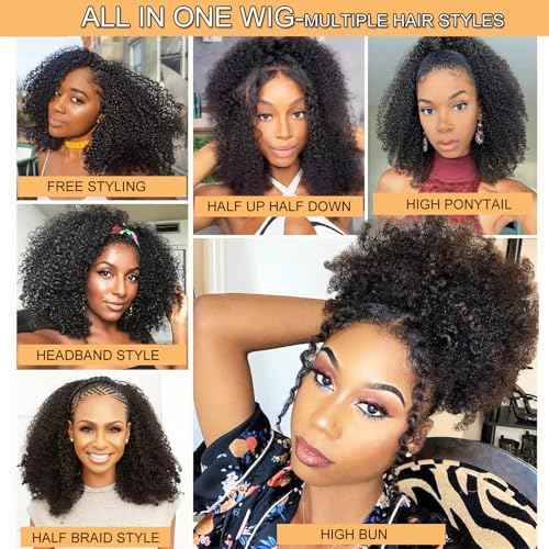 Half Wig Curly Human Hair 200 Density Upgrade 3 IN 1 Half Wigfor Black Women Kinky Curly Beginner Friendly Drawstring Seamless Flip Headband Wig 24 Inch