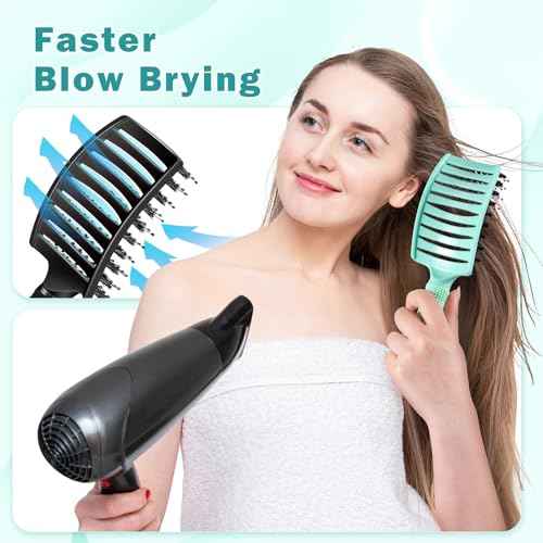 Curved Detangler Brush for Women Kid Men, 2 Pack Boar Bristle Vented Hair Brush Set with Clips for Fine Thick Hair Smoothing, Detangling, Faster Blow Drying