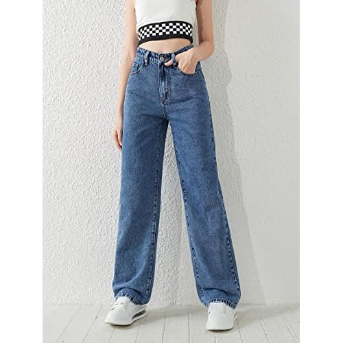 SweatyRocks Girl's Casual High Waist Solid Denim Pants Stretchy Flare Leg Jeans with Pocket