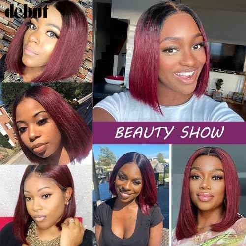 D?BUT Short Bob Wigs 1B Burgundy Lace Front Wigs Human Hair Middle Part Wigs Brazilian Virgin Straight Hair 13x4x1 T Part Wigs for Black Women 1B/99J 8 Inches