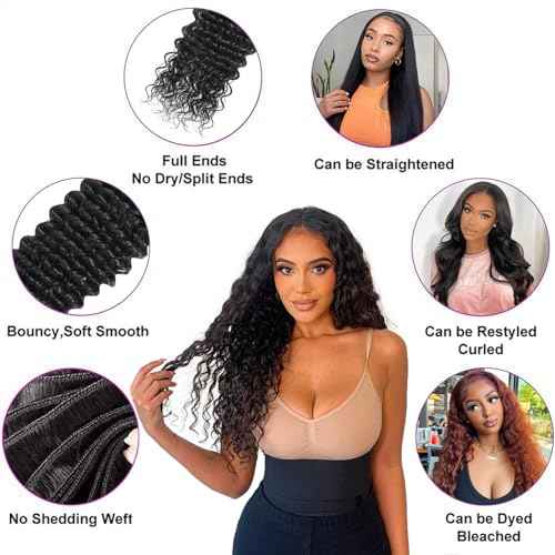 15A Raw Human Hair Bundles Deep Wave Bundles Human Hair,Triple Lifespan Indian Virgin Hair,No Tangle Shedding,Multiple Washes Keep Texture Silky Soft (1 Bundle Natural Black, 24)