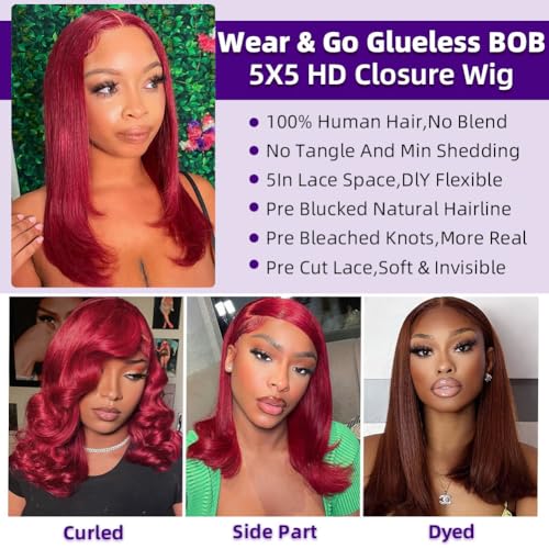 Burgundy Bob Wig Human Hair 5x5 HD Lace Closure Wigs Human Hair Glueless Straight Bob Wigs for Black Women Pre Plucked and Pre Bleached Knots Pre Cut Wear and Go 200 Density 12 Inch Short Wig