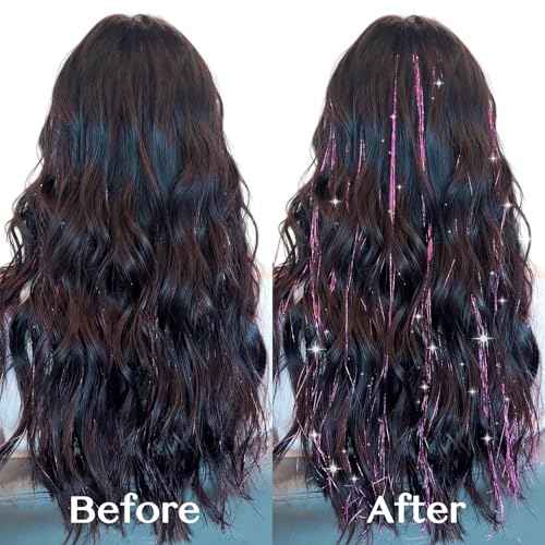 IDN BEAUTY Hair Tinsel Clip in, 6pcs Purple Sparkling Tinsel Hair Extensions 3s Wear and Go for Party Daily Travel Birthday, 24Inch Hair Accessories for Girls Women Kids
