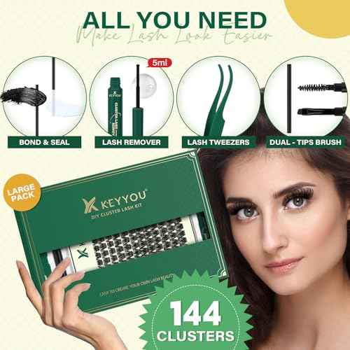 KEYYOU Lash Clusters Kit 144pcs Thick Volume D Curl Lash Clusters Lash Extension Kit with Mascara Brush Bond and Seal Lash Glue Remover Lash Applicators Lash Brush for DIY Lash Extensions (Y02 Kit)