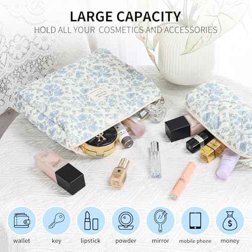 senbowe Floral Makeup Bag, 3 Pack Large Cotton Quilted Makeup Bag Set, Cute Floral Coquette Aesthetic Toiletry Bag Make Up Cosmetic Bag for Women, Toiletry Travel Make Up Organizer Bag