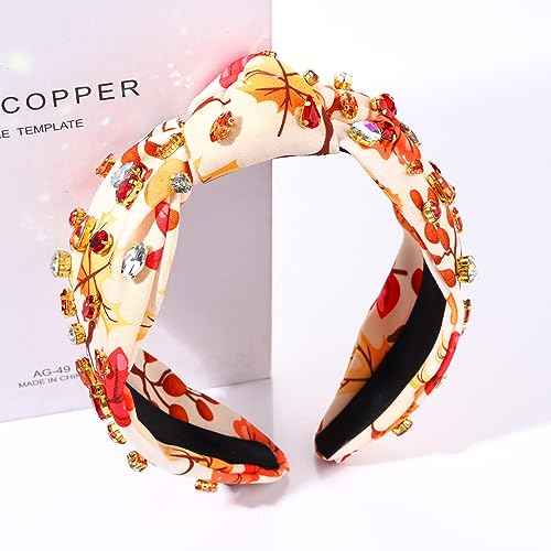 Thanksgiving Pearl Rhinestone Jeweled Knotted Headband - Fall Pumpkin Leaf Print Wide Knot Hairband - Turkey Holiday Hair Accessories Gifts