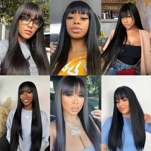 Straight Wigs Human Hair with Bangs 180% Density Brazilian Virgin Human Hair Wigs Glueless Machine Made Wigs for Women None Lace Front Wigs Natural Color 28 Inch