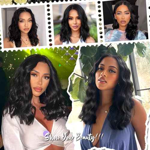 14 Inch Short Wavy Wigs for Women Natural Curly Bob Style 6x4 Glueless Synthetic Lace Front Wig Pre Plucked Pre Cut Hairline Daily Party Use£¨Black£©