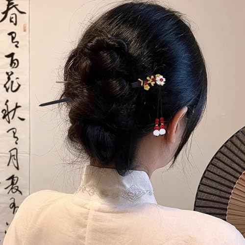 Lawie 8 Pack Wooden Hair Sticks Wood Chinese Hair Pins with Tassel Dangle Crystal Beads Flower Long Hair Chopstick Picks With Charm for Twist Bun Holder Fork Hair Slides Hair Accessories for Women