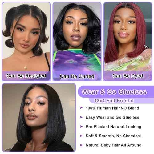 14 Inch Short Bob Wig Straight 13X4 HD Transparent Lace Front Wig Human hair 150 Density Lace Frontal Wig Glueless Wigs Human Hair Pre Plucked for Black Women Wigs With Baby Hair Natural Color
