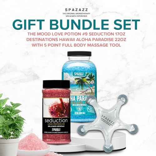 Spazazz Spa and Bath Salt Aromatherapy Crystals for Hot Tub - Gift Bundle Set The Mood Love Potion #9 Seduction 17oz - Destinations Hawaii Aloha Paradise 22oz with 5 Point Full Body Massage Tool