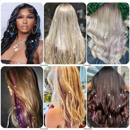 Hair Tinsel 24 Colors 7800 Strands Hair Tinsel Kit with Tools 48 Inch Glitter Tinsel Hair Extensions Festive Party Fairy Hair Tinsel Kit for Women Girls Hair Accessories