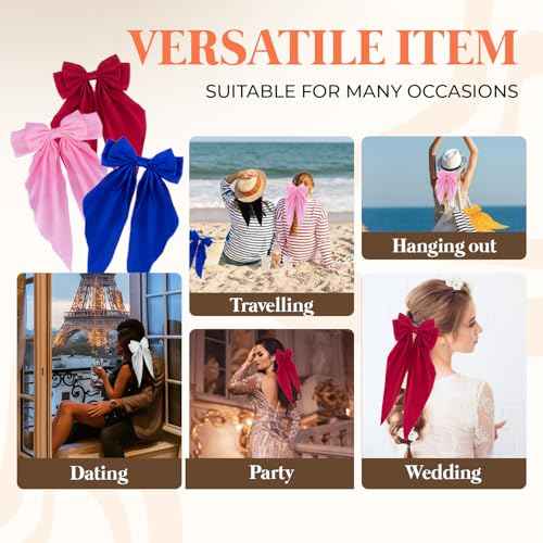 Silky Satin Hair Bows, Oversized Long Tail Bows with Barrette Clips, Coquette Hair Accessories for Women and Girls (Green 3P)