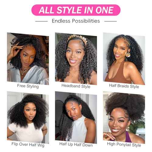 BGM GIRL Half Wig Human Hair Kinky Curly 3 in 1 Wigs Beginner Friendly Flip Over Drawstring Glueless Wig Kinky Curly Ready to Go Seamless Clip in Wigs Natural Black Color 22 Inch