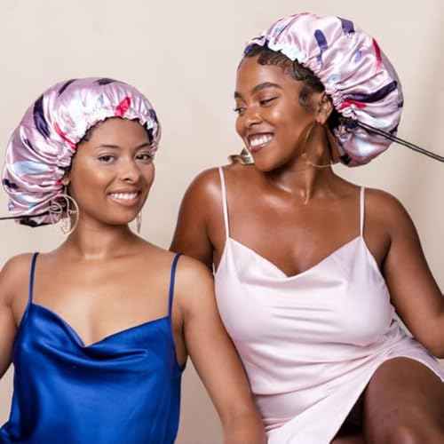 Glow By Daye Satin Bonnet, Double-Layered and Adjustable Satin Sleep Cap, Extra Large, Reversible Free Spirit Pink Brushstrokes