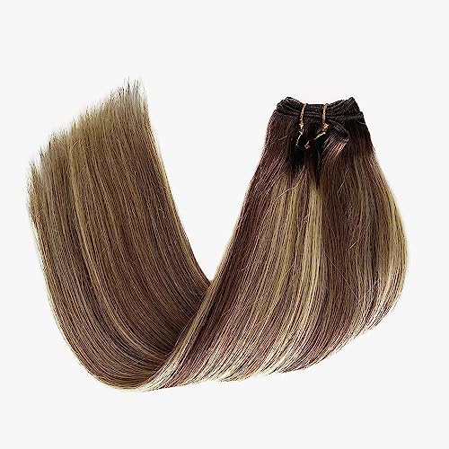 Weft Hair Extensions Human Hair, 16 inch 100g Ash Brown Highlighted Bleach Blonde Sew in Hair Extensions Real Human Hair Hand Tied Weft Hair Extensions Sew In Remy Hair Bundles Weave