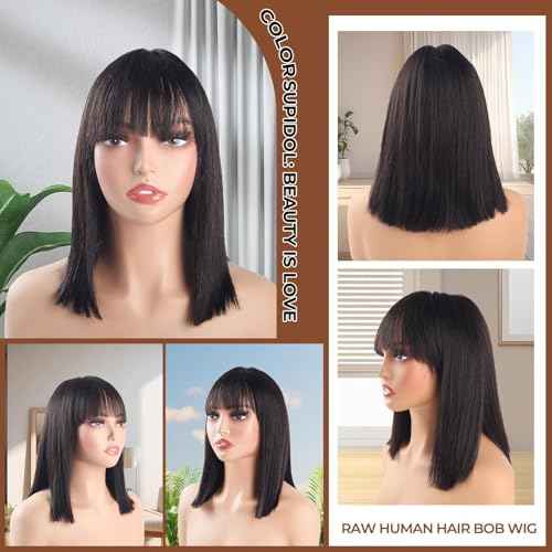 3x1 HD Lace Closure Bob Wig with Bangs Human Hair for Black Women, Realistic Scalp, 100% Raw Human Hair Bob Wig, 180% Density, Glueless Short Bob Wig Human Hair, Natural Black